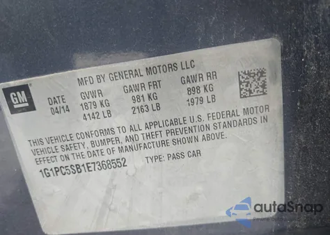 2014 Chevrolet Cruze 1Lt Auto from USA, damaged, VIN 1G1PC5SB1E7368552